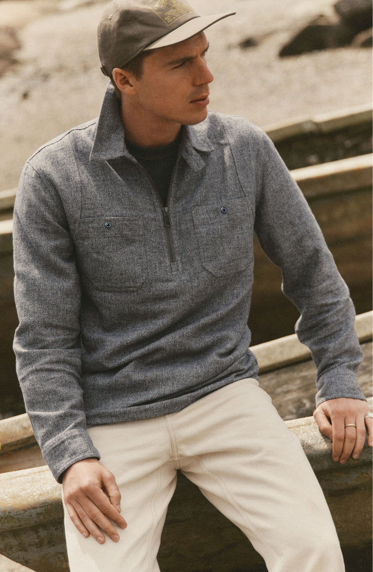 fit model posing in The Tiller Half Zip in Greyscale Hemp Jaspe