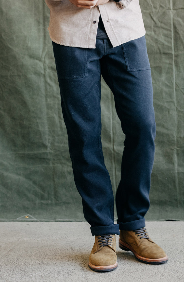 Our model wearing The Trail Pant in Dark Navy Bedford Cord