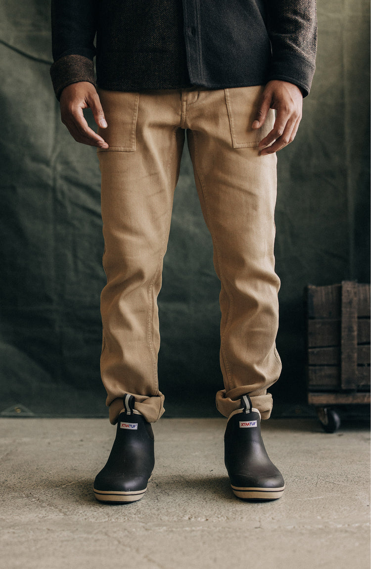 Our model wearing The Trail Pant in Light Khaki Bedford Cord