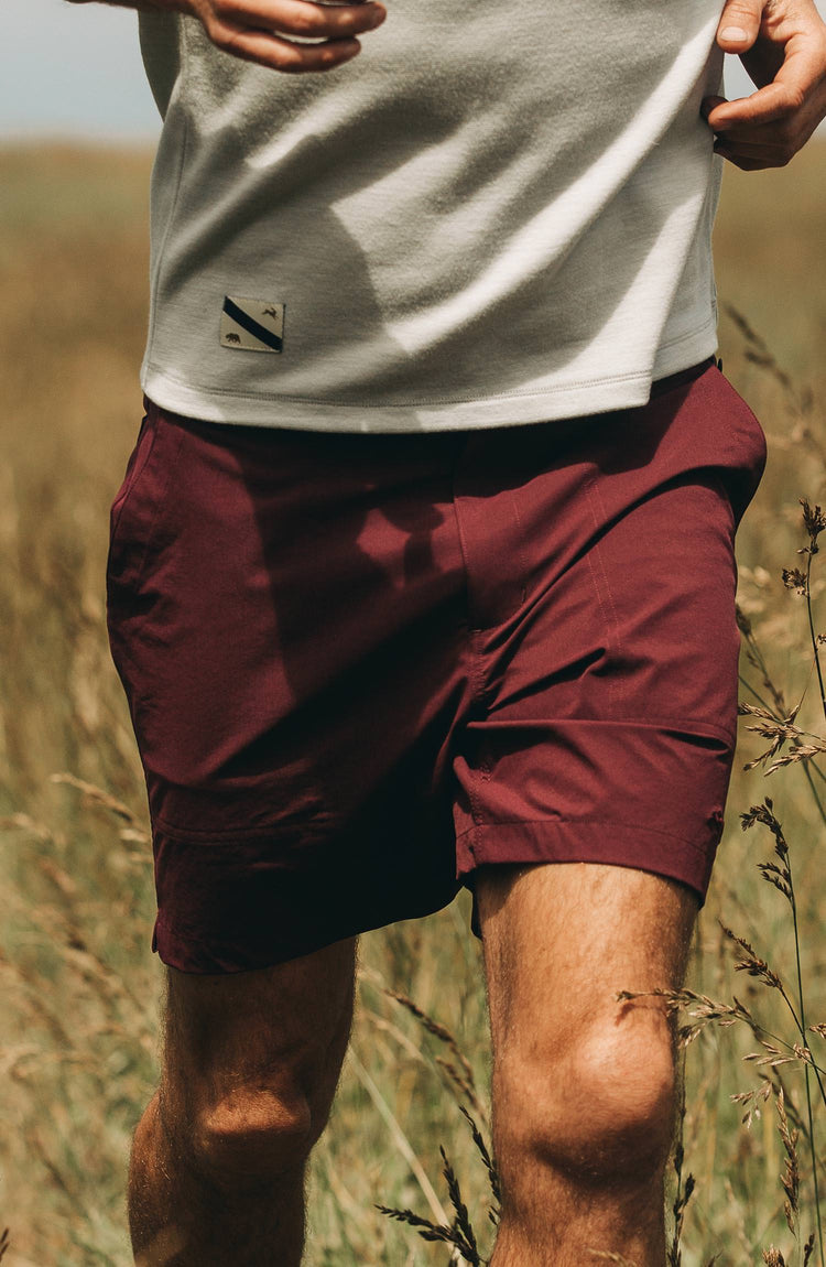 Our guy rocking The Tracksmith Collection traverse short, split shot, on trail run