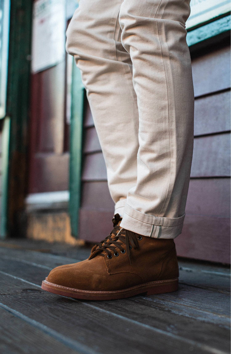 The trench boot, being worn by our fit model outdoors