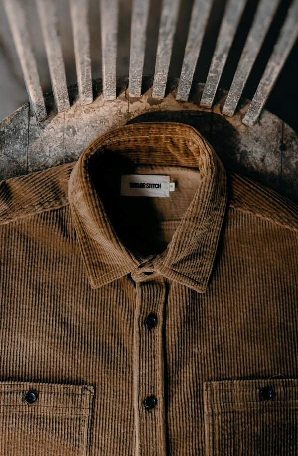 editorial flatlay of The Utility Shirt in Bourbon Corduroy