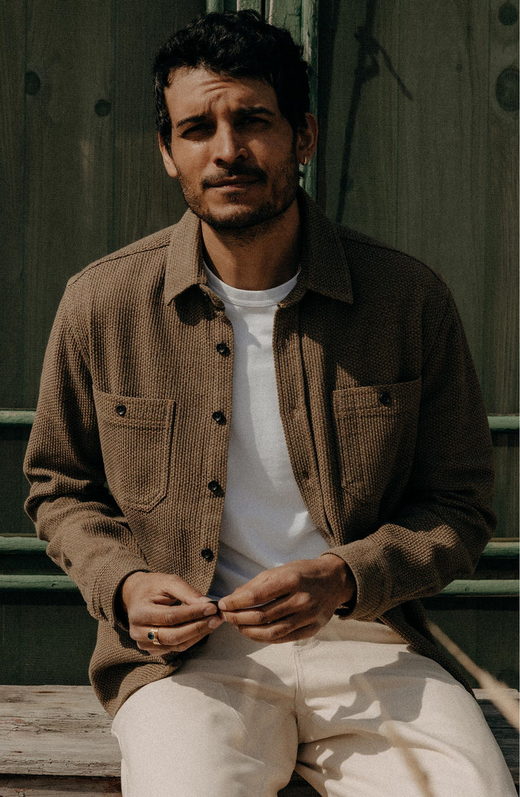 Model wearing The Utility Shirt in Cypress Sashiko
