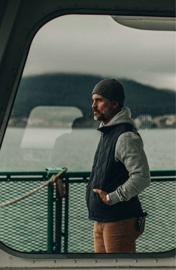 our guy in the PNW wearing the vertical vest—on a ferry