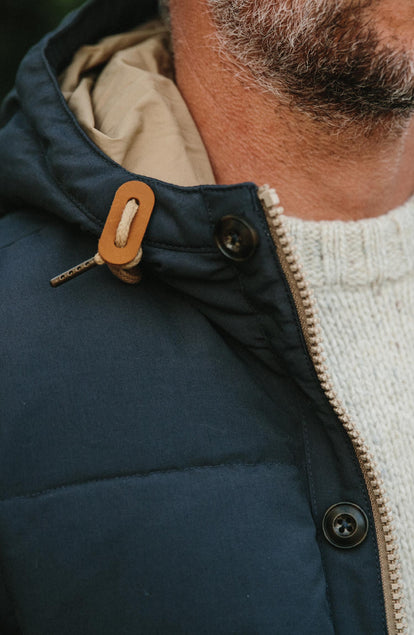 Close up of the drawstring collar on the hood of The Whitney Parka in Navy