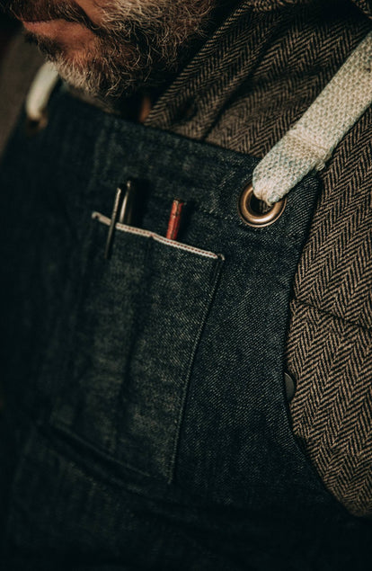 our guy rocking the cone mills apron in Montana, cropped shot with text on the right