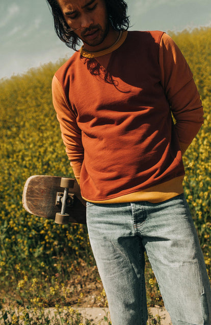 Model wearing The Fillmore Crew in Campfire Colorblock