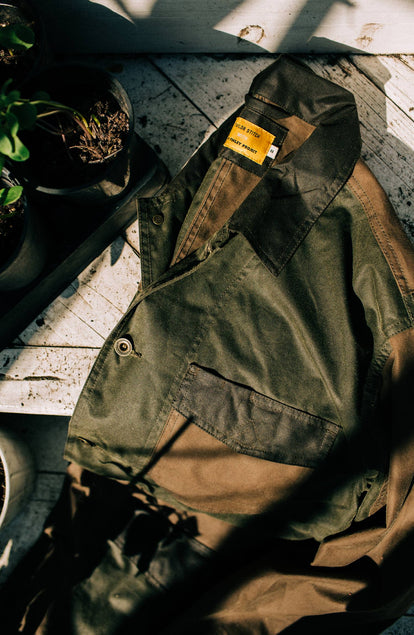 Editorial Panel: The Task Jacket in Waxed Khaki and Olive Patchwork, Outerwear by Taylor Stitch