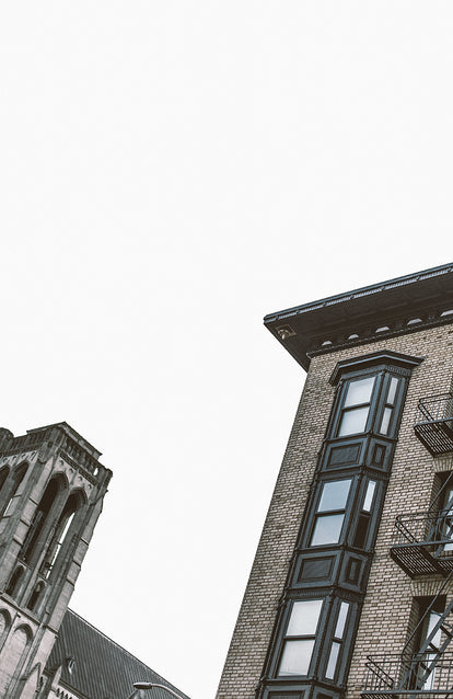 An angled architectural shot, looking up.
