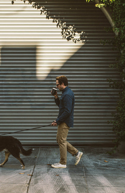 Dring a coffee, walking doggo.