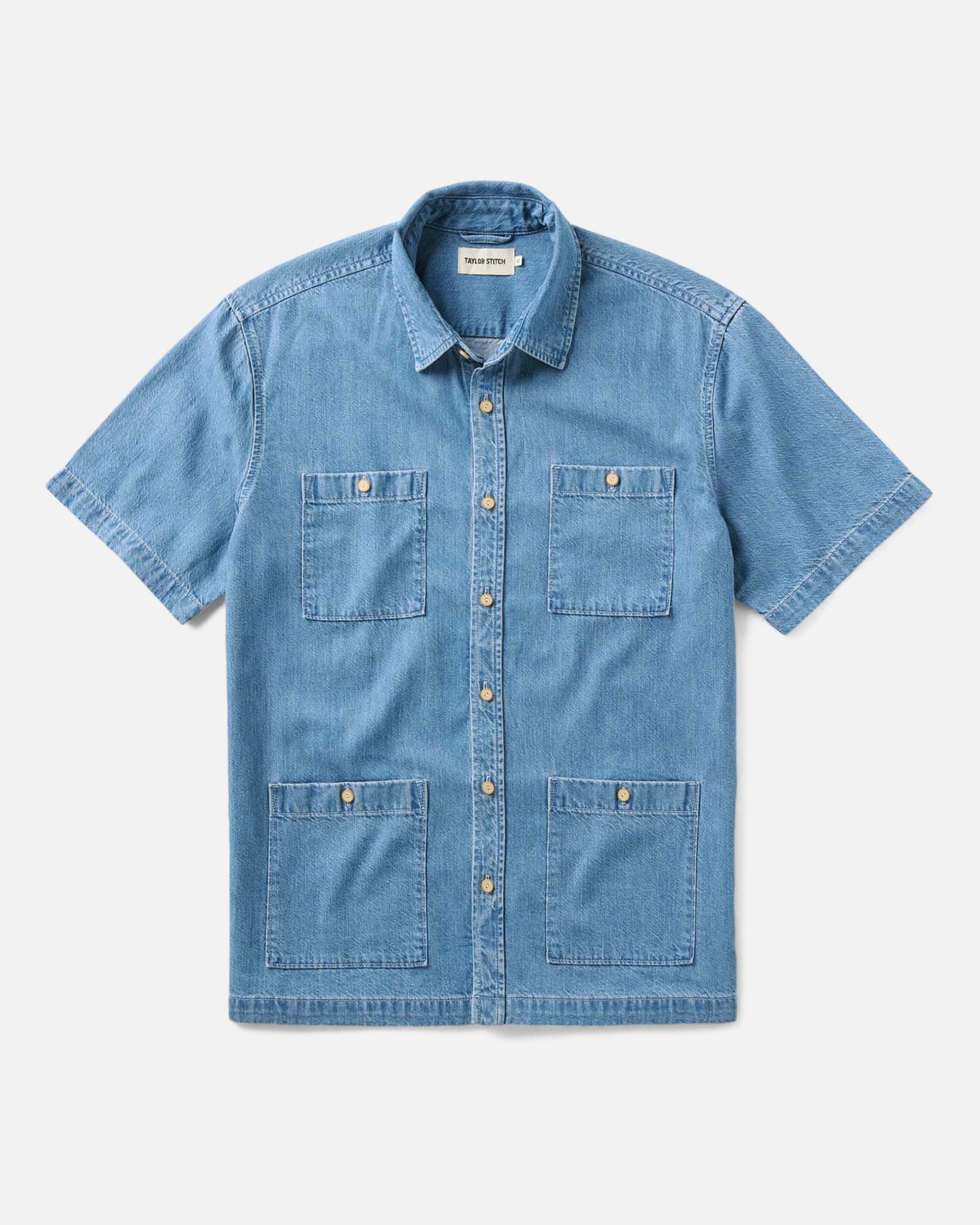 flatlay of The Gulf Shirt in Washed Indigo Twill, Wovens by Taylor Stitch