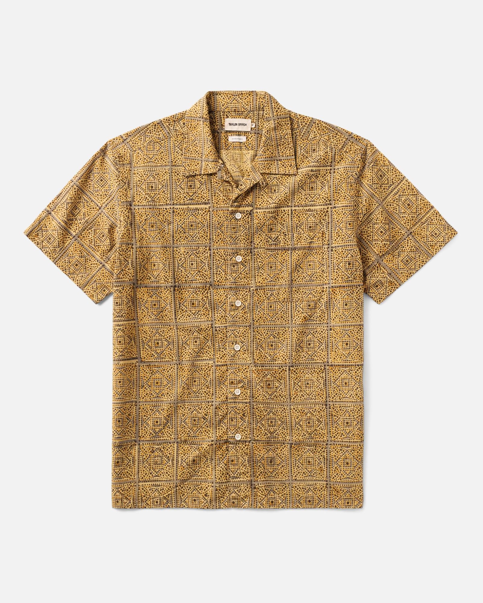 flatlay of The Hawthorne Shirt in Fennel Block Print, Wovens by Taylor Stitch