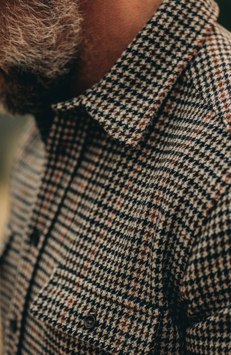 our guy wearing The Leeward Shirt in Houndstooth from the front closeup of chest pocket and fabric texture
