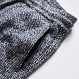 material shot of the front pockets on The Apres Pant in Navy Linen Tweed