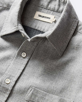 material shot of the collar on The California in Ash Heather Double Cloth, Wovens by Taylor Stitch