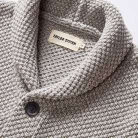 material shot of the shawl collar on The Crawford Sweater in Ash Twist