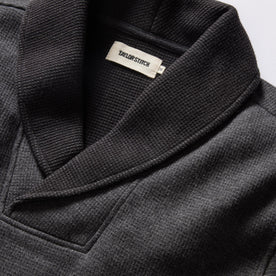 material shot of the shawl collar on The Horizon Shawl Pullover in Coal Heather