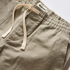 material shot of the waistband on The Apres Trail Short in Light Sage Slub