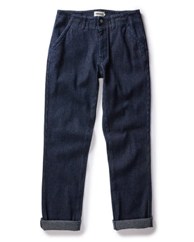 flatlay of The Morse Pant in Rinsed Indigo Stripe, in full, Bottoms by Taylor Stitch