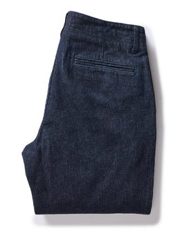 flatlay of The Morse Pant in Rinsed Indigo Stripe, folded from back, Bottoms by Taylor Stitch