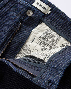material shot of the zipper fly on The Morse Pant in Rinsed Indigo Stripe, Bottoms by Taylor Stitch