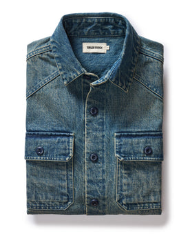 flatlay of The Shop Shirt in Sawyer Wash Selvage Denim, Outerwear by Taylor Stitch