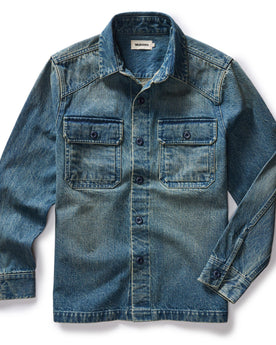 flatlay of The Shop Shirt in Sawyer Wash Selvage Denim, in full, Outerwear by Taylor Stitch