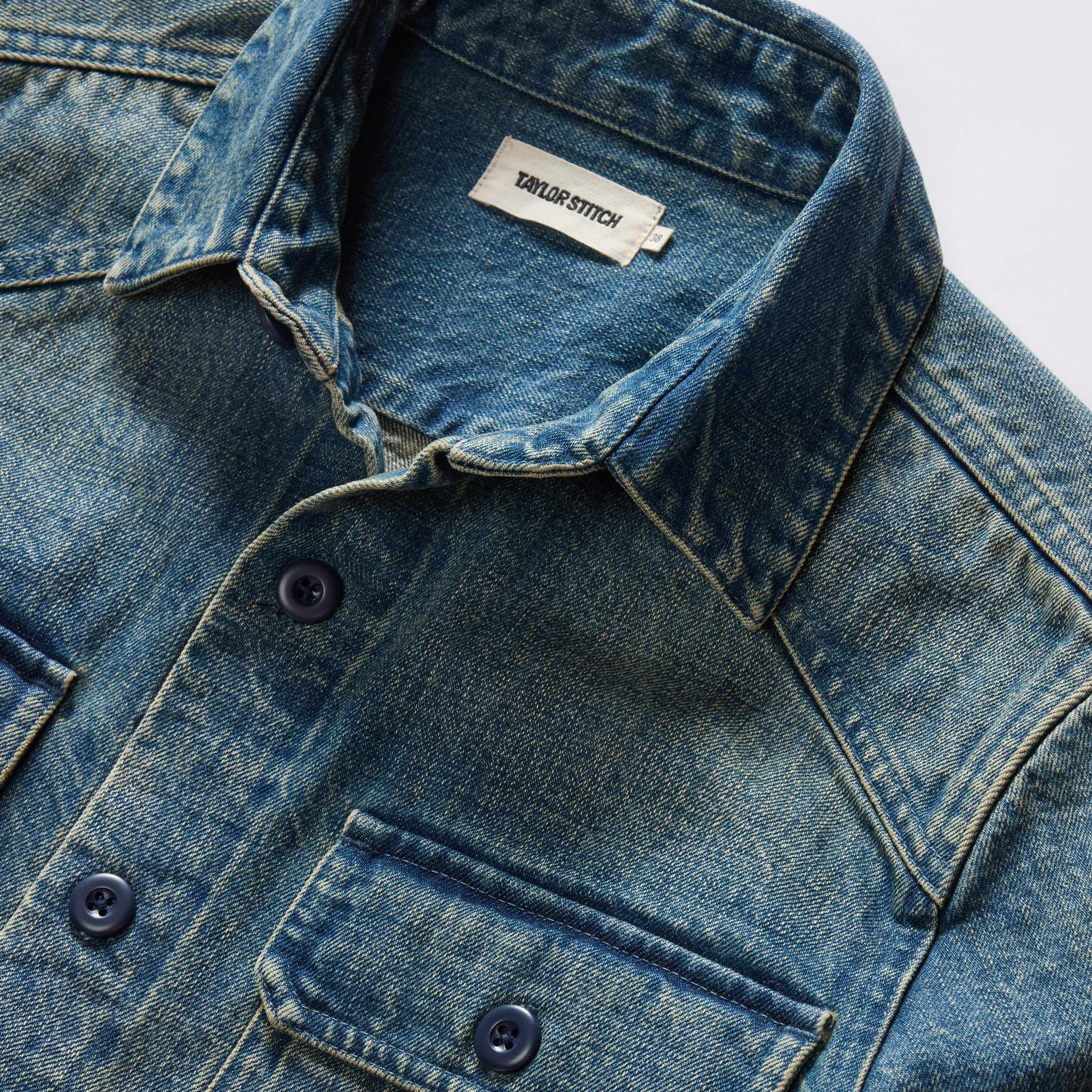material shot of the collar on The Shop Shirt in Sawyer Wash Selvage Denim, Outerwear by Taylor Stitch