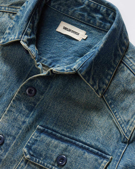 material shot of the collar on The Shop Shirt in Sawyer Wash Selvage Denim, Outerwear by Taylor Stitch