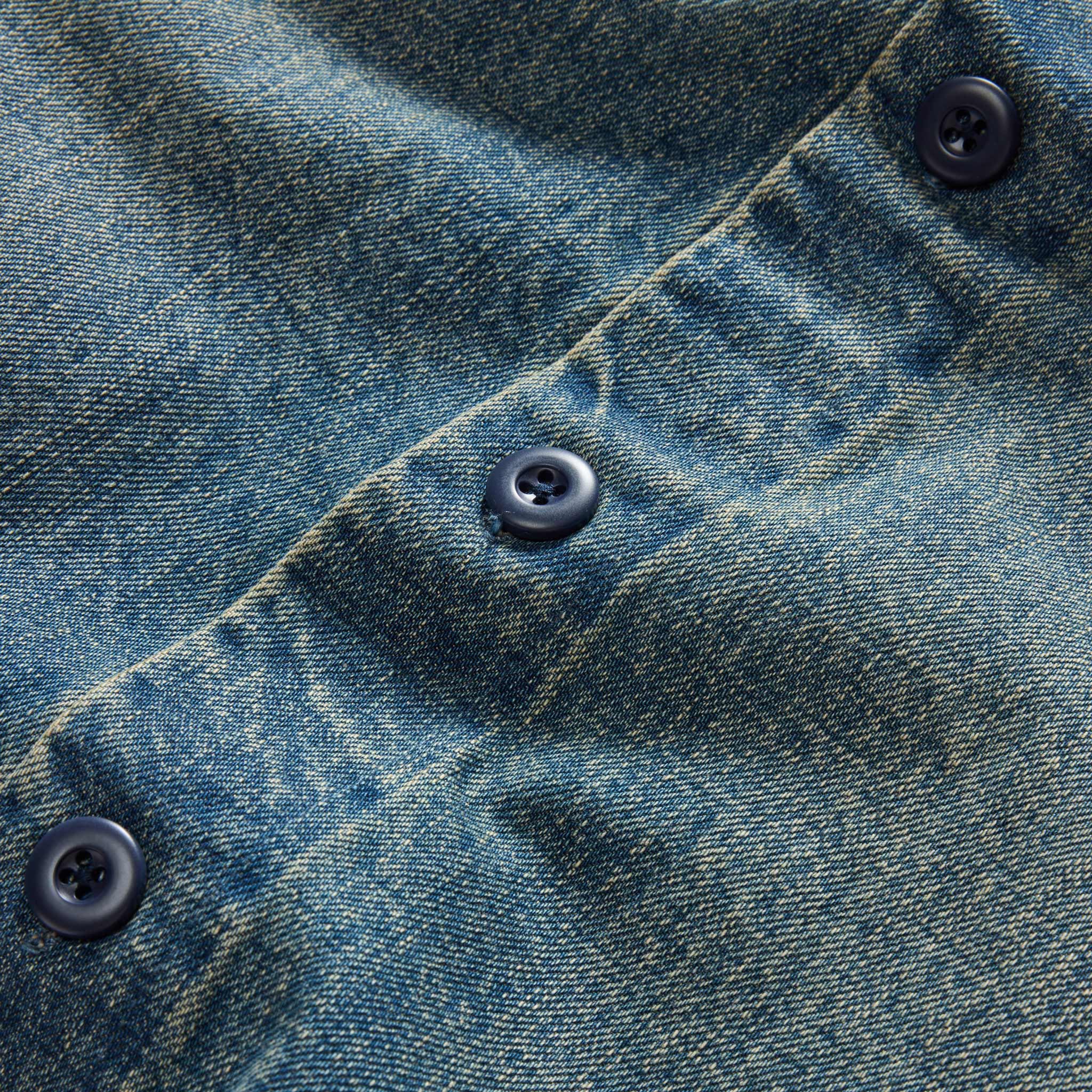 material shot of the buttons on The Shop Shirt in Sawyer Wash Selvage Denim, Outerwear by Taylor Stitch