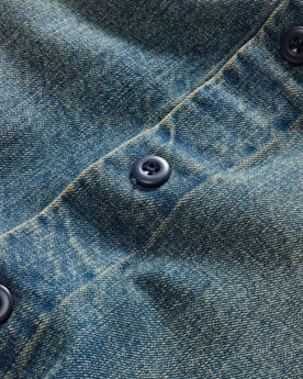 material shot of the buttons on The Shop Shirt in Sawyer Wash Selvage Denim, Outerwear by Taylor Stitch