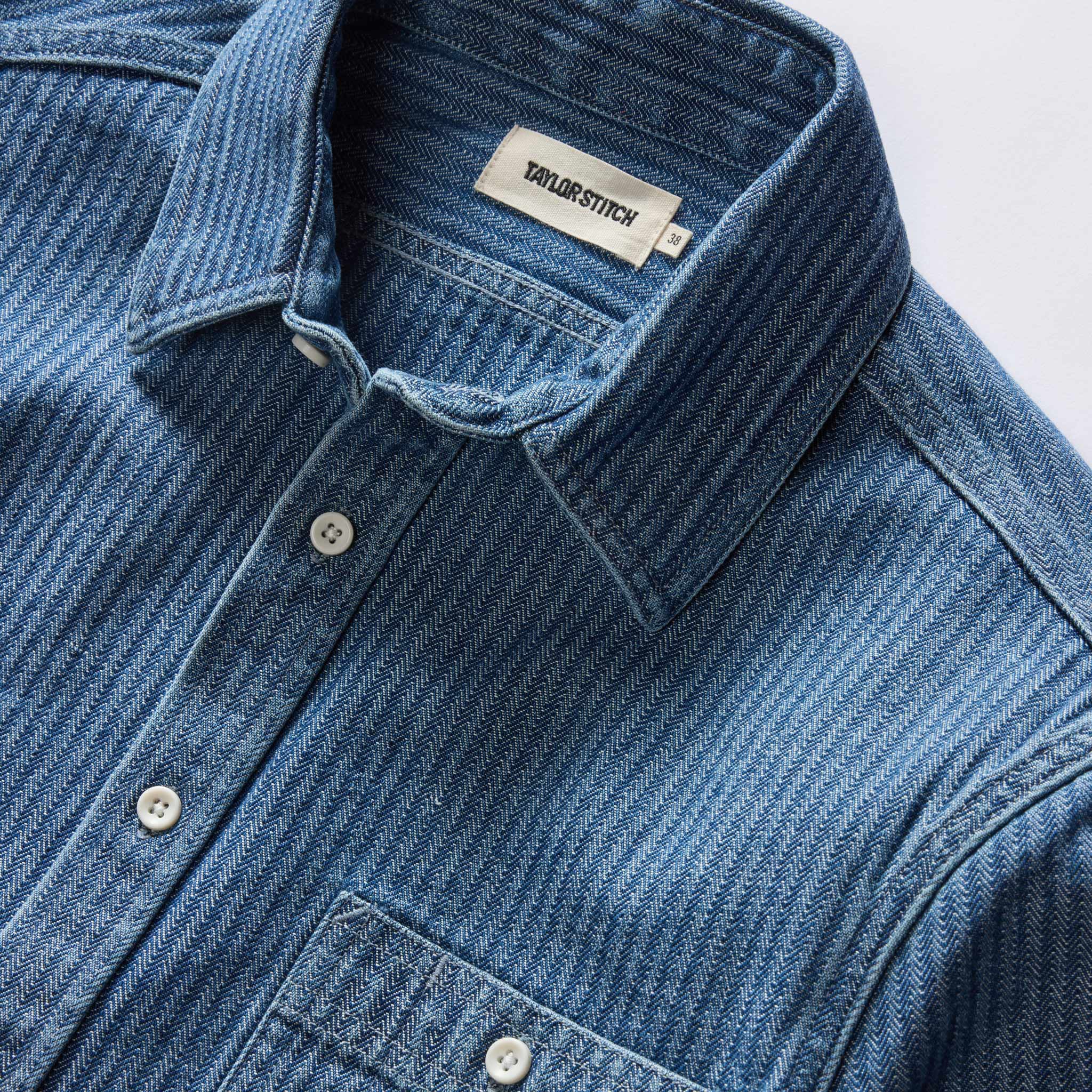 material shot of the collar on The Utility Shirt in Washed Indigo Herringbone, Wovens by Taylor Stitch