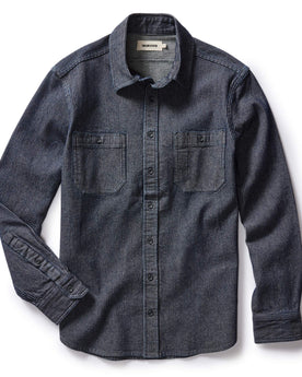 flatlay of The Utility Shirt in Rinsed Indigo Stripe, in full, Wovens by Taylor Stitch