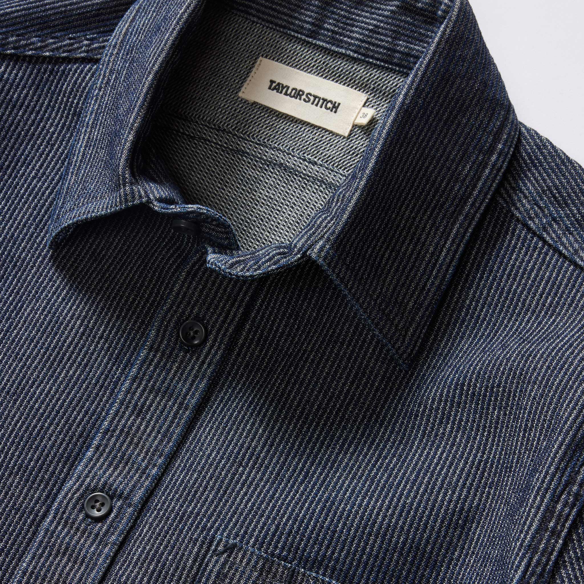 material shot of the collar on The Utility Shirt in Rinsed Indigo Stripe, Wovens by Taylor Stitch