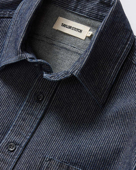 material shot of the collar on The Utility Shirt in Rinsed Indigo Stripe, Wovens by Taylor Stitch