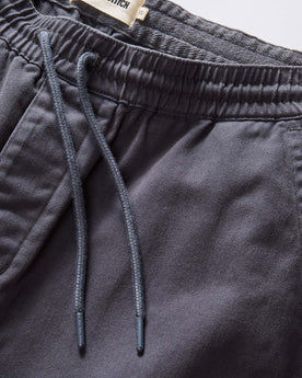 material shot of the waistband on The Apres Short in Organic Dark Blue Foundation Twill, Bottoms by Taylor Stitch