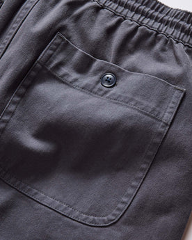 material shot of the back pocket on The Apres Short in Organic Dark Blue Foundation Twill, Bottoms by Taylor Stitch
