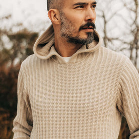 fit model showing off the top of The Bryan Pullover Sweater in Flax Melange