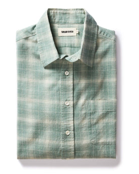 folded flatlay of The California in Sea Moss Plaid, Wovens by Taylor Stitch