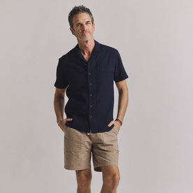 fit model standing wearing The Conrad Shirt in Rinsed Indigo Pickstitch