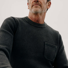 fit model showing the seed stitch on The Crawford Crew Sweater in Washed Asphalt