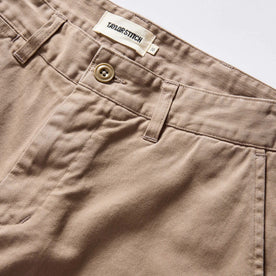 material shot of the waistband and button fly on The Democratic Foundation Pant in Dried Earth