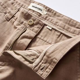 material shot of the button fly on The Democratic Foundation Pant in Dried Earth