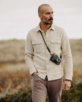 fit model walking in The Division Shirt in Birch, Wovens by Taylor Stitch