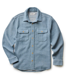 fit model walking in The Division Shirt in Washed Indigo, Wovens by Taylor Stitch