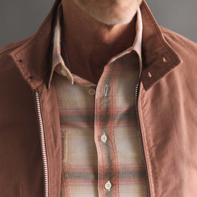 fit model showing off the collar on The Flint Jacket in Faded Brick Broken Twill