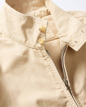 material shot of the buttons on the collar on The Flint Jacket in Light Khaki Broken Twill, Outerwear by Taylor Stitch