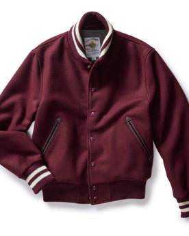 flatlay of The Golden Bear Snap Bomber in Port Wool, Outerwear by Taylor Stitch