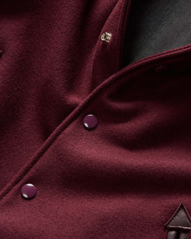 material shot of the buttons on The Golden Bear Snap Bomber in Port Wool, Outerwear by Taylor Stitch