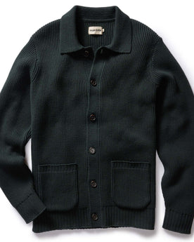 flatlay of The Harbor Sweater Jacket in Black Pine Heather, Knits by Taylor Stitch
